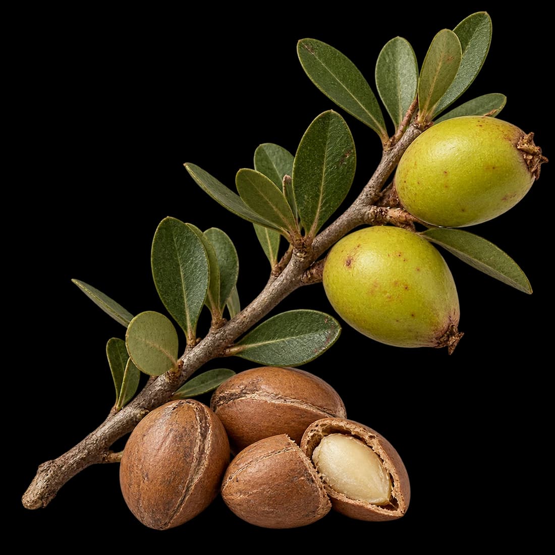 Argan twig, fruit and opened nut showing its kernel