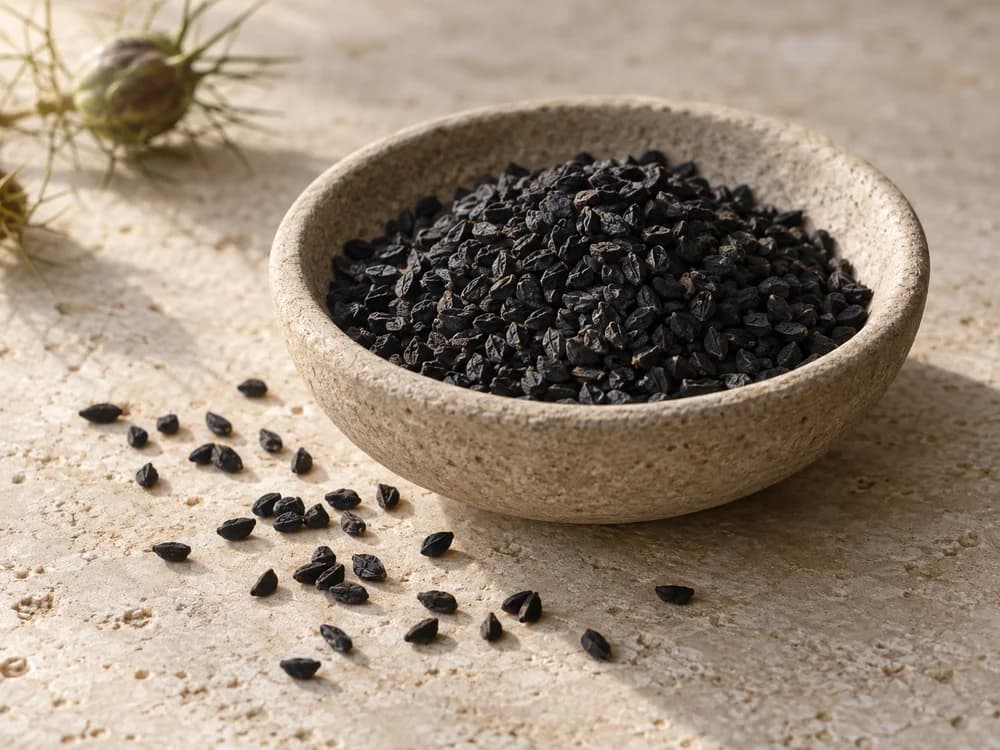 Small black Nigella seeds scattered on warm stone