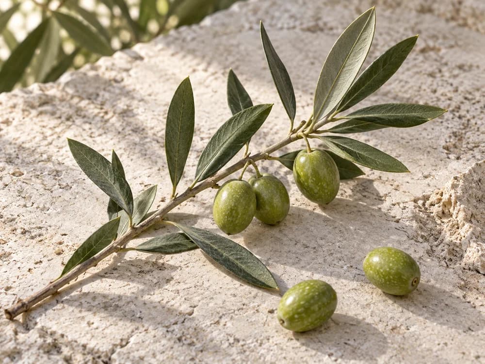 Olives and olive leaves in warm natural light