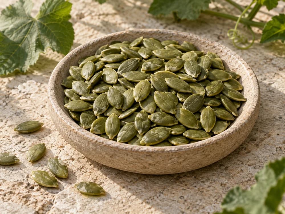 Green pumpkin seeds gathered in a shallow stone dish