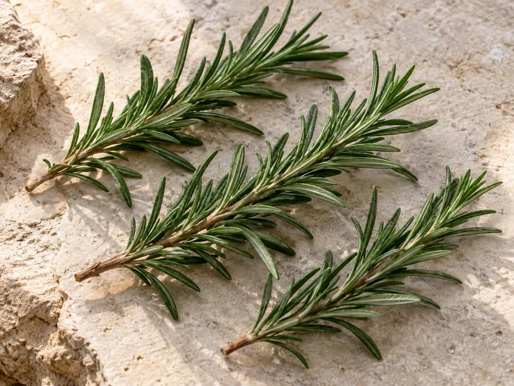 Fresh rosemary sprigs with narrow green leaves