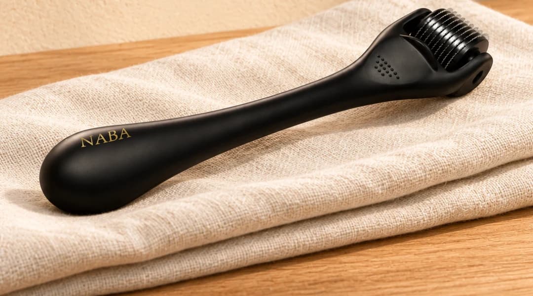 Matte-black Naba derma roller resting on folded linen