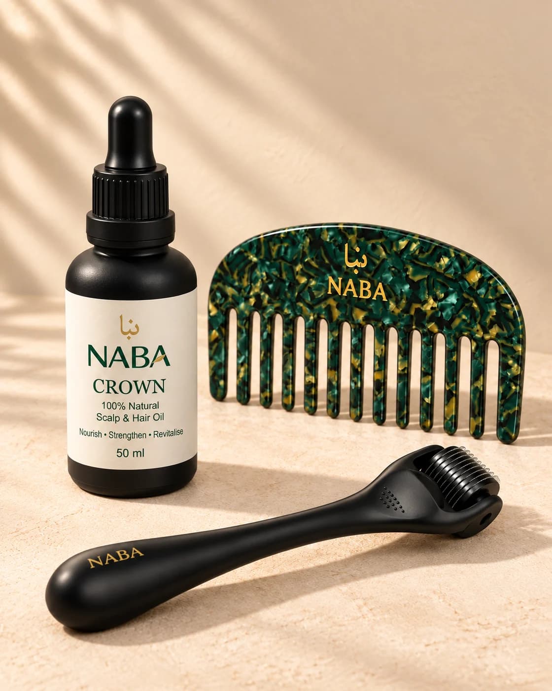 Crown, derma roller & comb: Crown 50 mL · NABA Derma Roller · NABA Comb