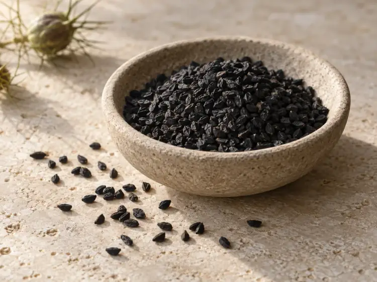 Small black Nigella seeds scattered on warm stone