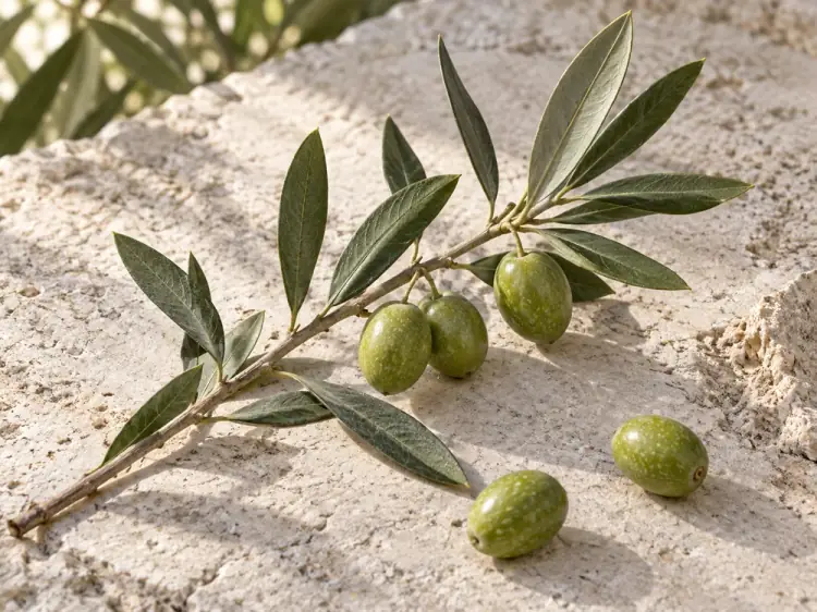 Olives and olive leaves in warm natural light