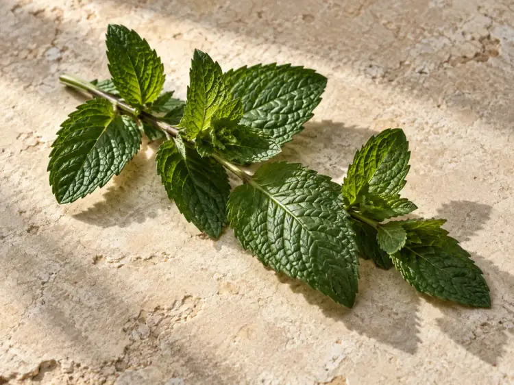Mint leaves with textured green surfaces
